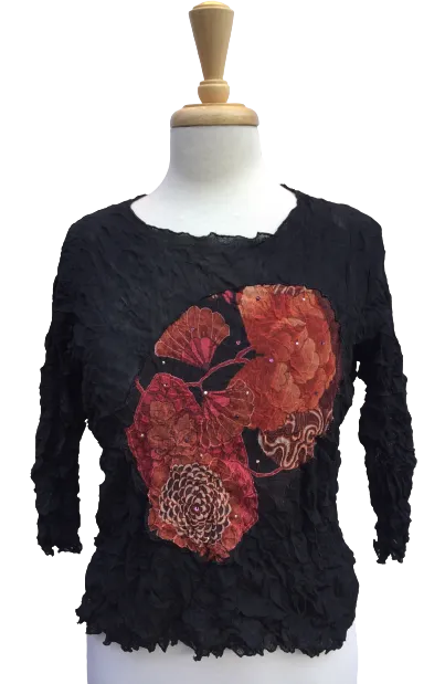 32 Long-sleeve crinkle top with Oriental floral print.  Made in France