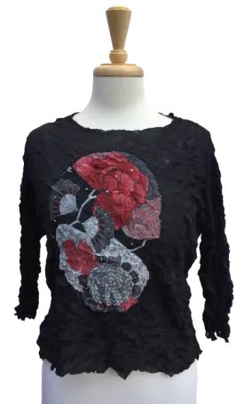 32 Long-sleeve crinkle top with Oriental floral print.  Made in France