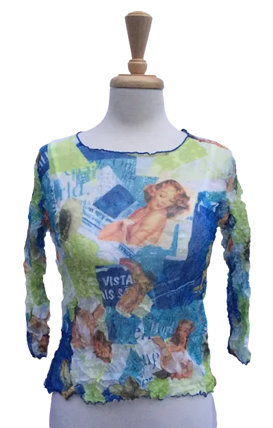 47 Long-sleeve crinkle top with magazine print.