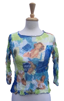 47 Long-sleeve crinkle top with magazine print.