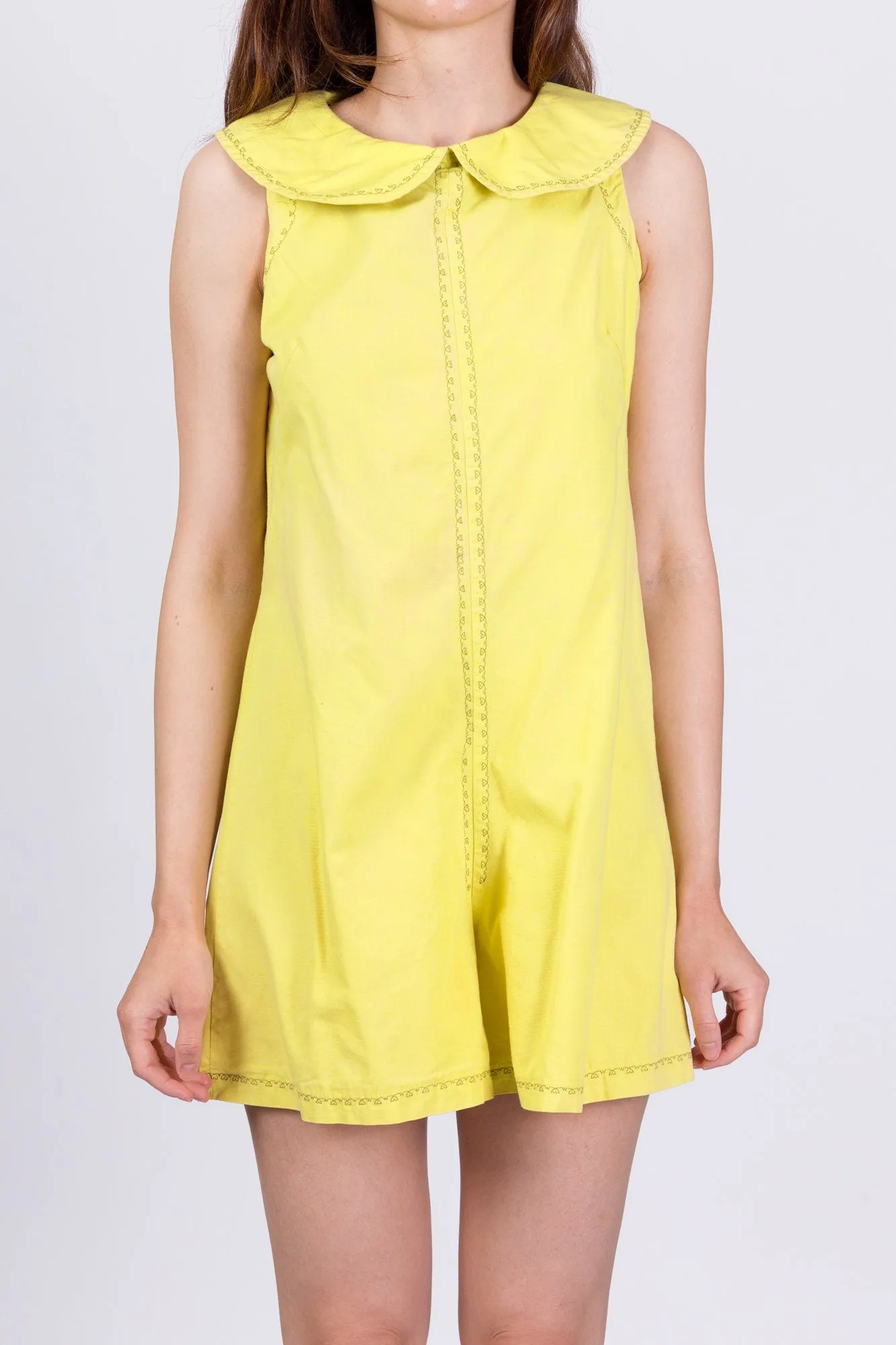 60s Chartreuse Embroidered Bib Collar Romper - Small