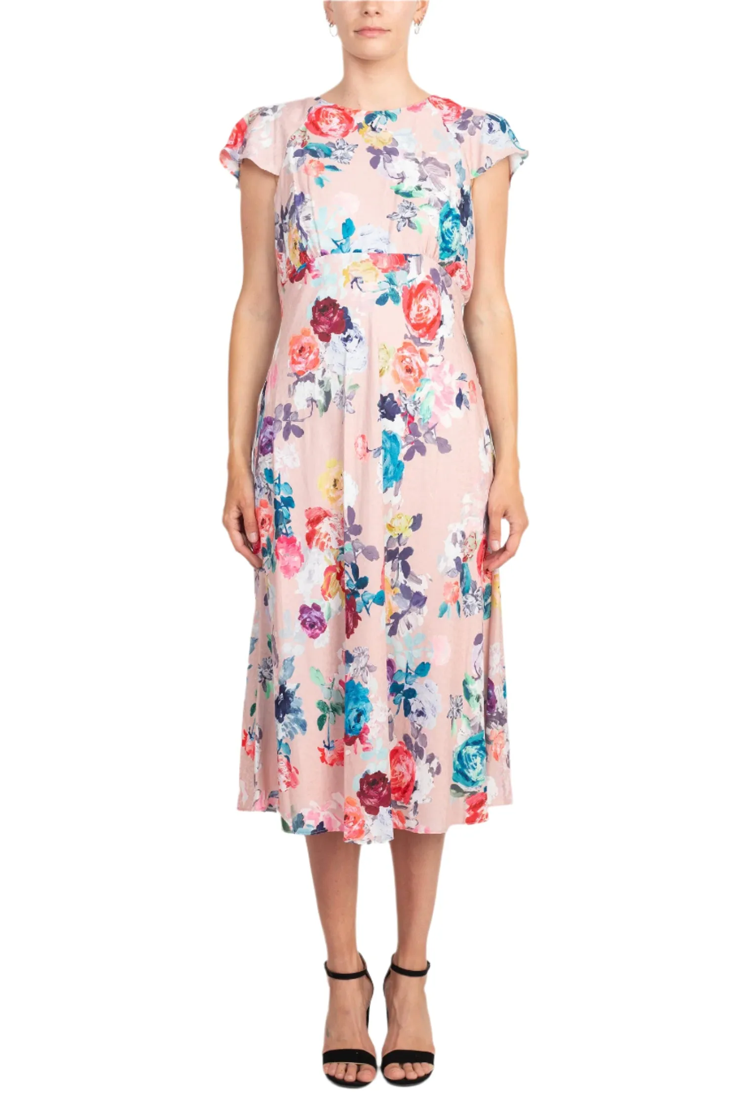 Adrianna Papell Jewel Neck Flutter Sleeve & Soft Pleats Floral Print Empire Waist Midi Dress