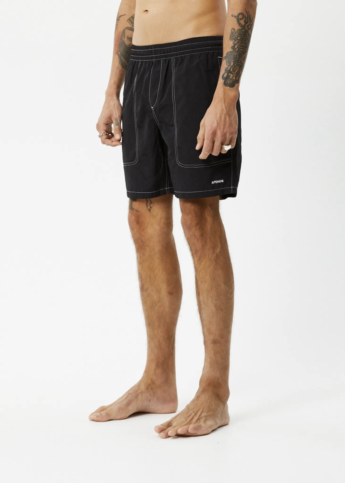 AFENDS Mens Baywatch - Swim Shorts 18" - Black