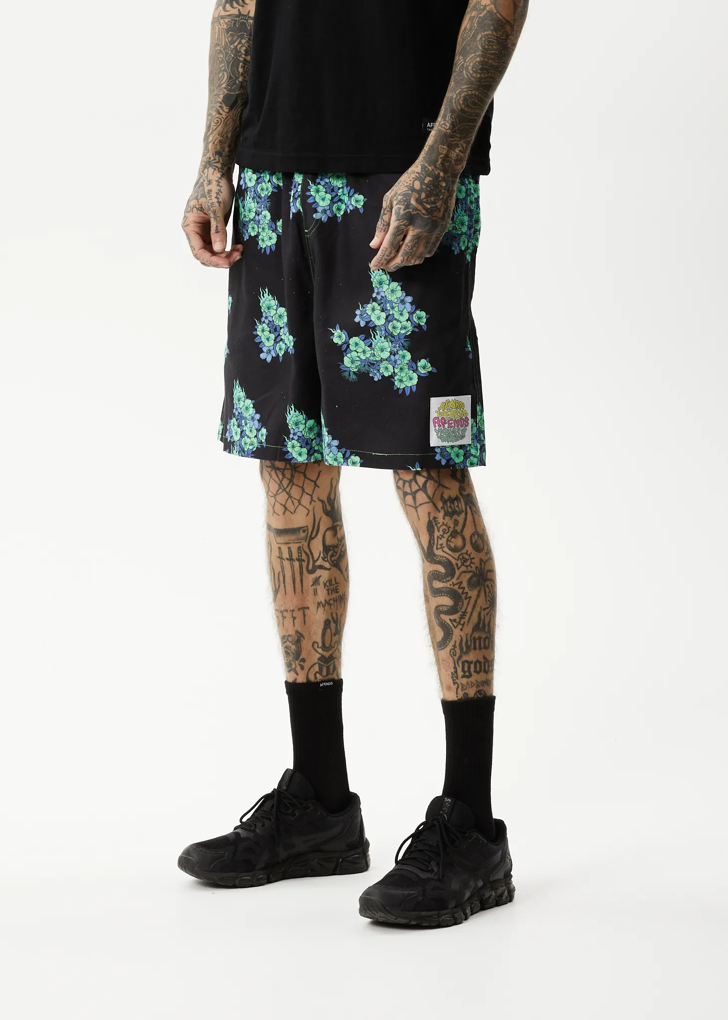 AFENDS Mens House Of Darwin - Oversized Shorts - Charcoal Floral