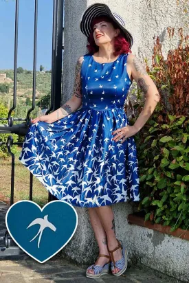 Annie Blue Swing Dress with Raising Swallow Birds