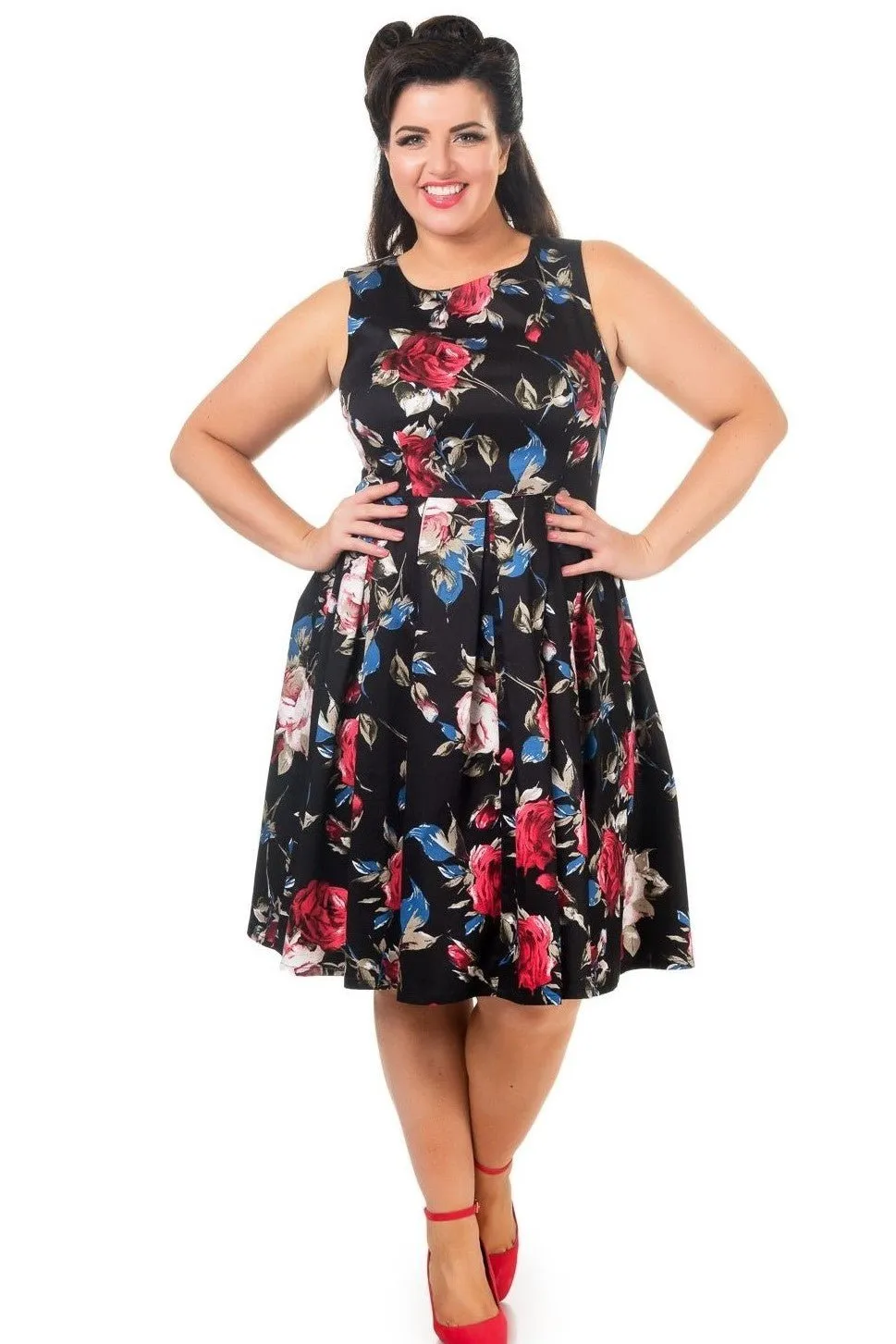 Annie Floral Retro Swing Dress in Black