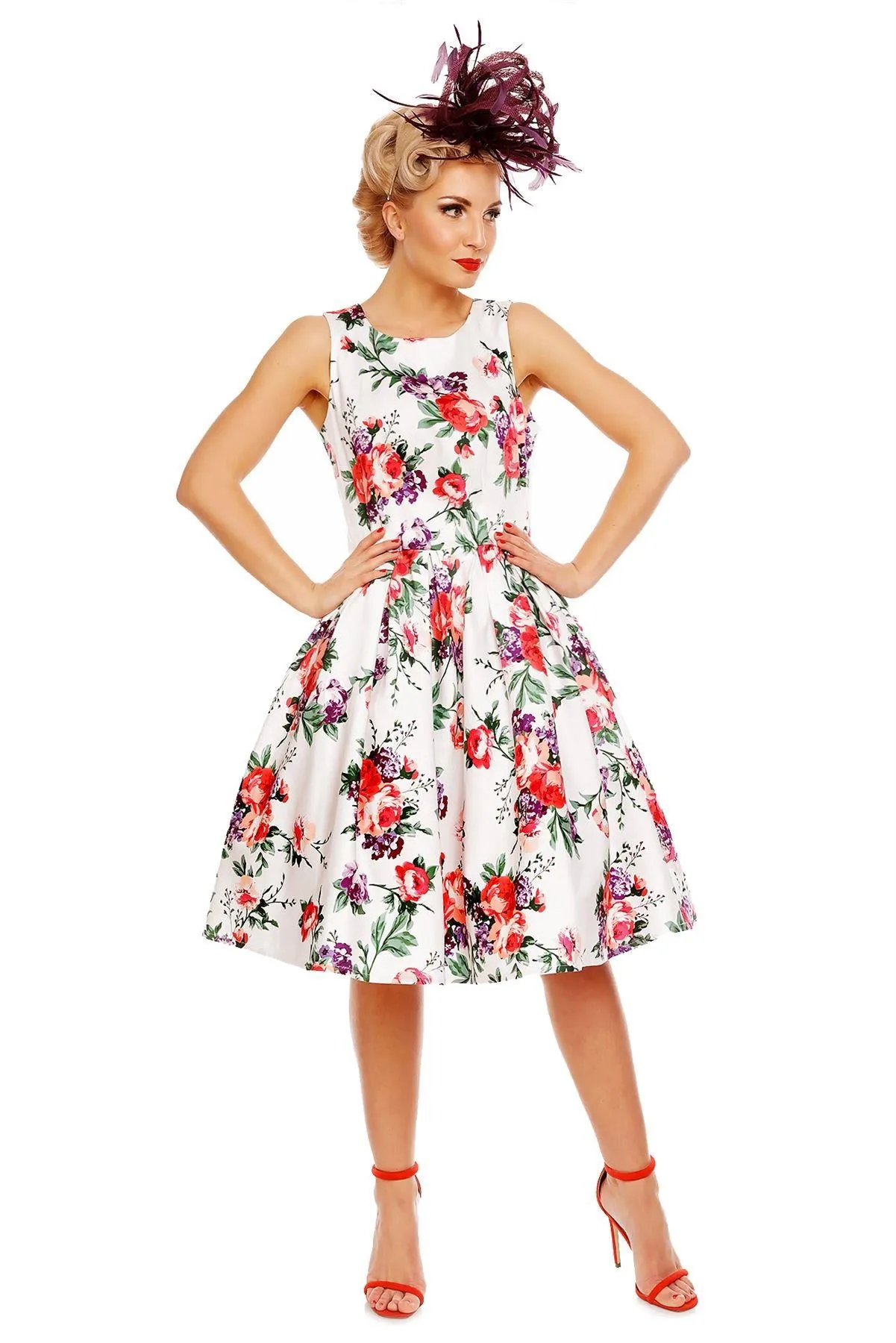 Annie Retro Floral Swing Dress in White