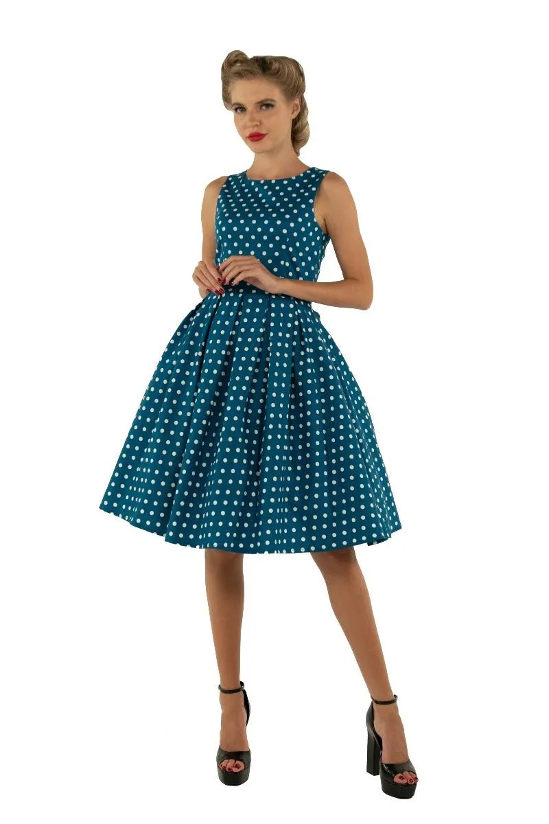 Annie Retro Polka Dot Dress in Peacock Blue