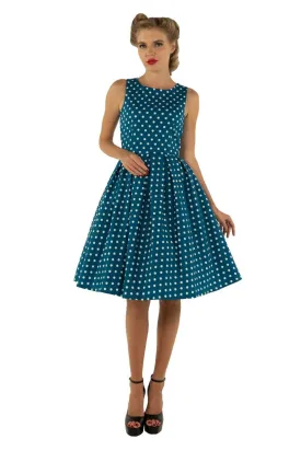 Annie Retro Polka Dot Dress in Peacock Blue