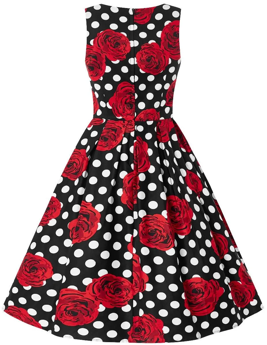 Annie Retro Swing Dress in Black/Red Rose Spot Print