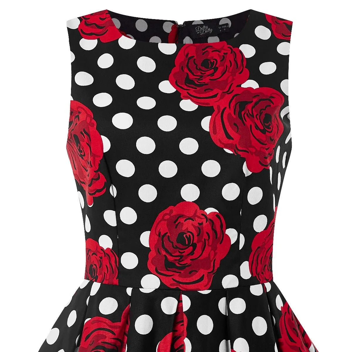 Annie Retro Swing Dress in Black/Red Rose Spot Print