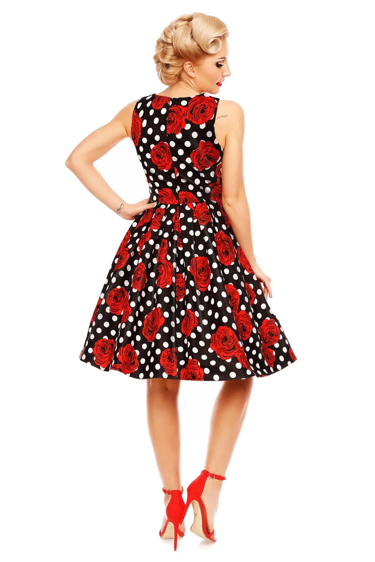 Annie Retro Swing Dress in Black/Red Rose Spot Print