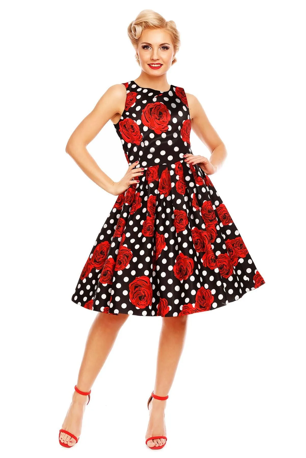 Annie Retro Swing Dress in Black/Red Rose Spot Print