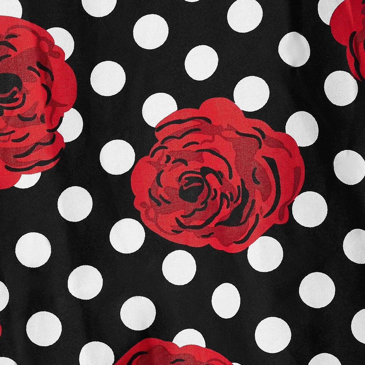 Annie Retro Swing Dress in Black/Red Rose Spot Print