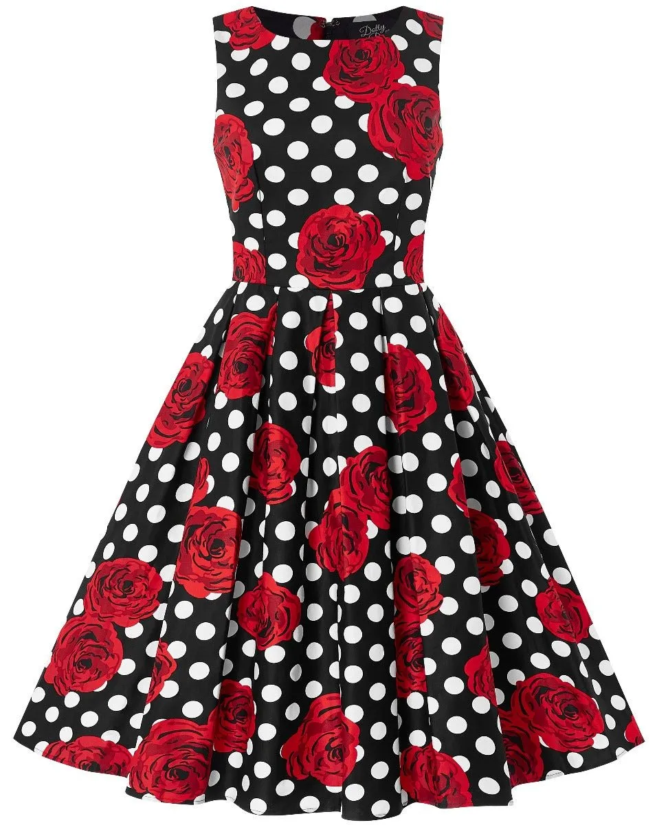 Annie Retro Swing Dress in Black/Red Rose Spot Print