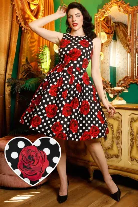 Annie Retro Swing Dress in Black/Red Rose Spot Print