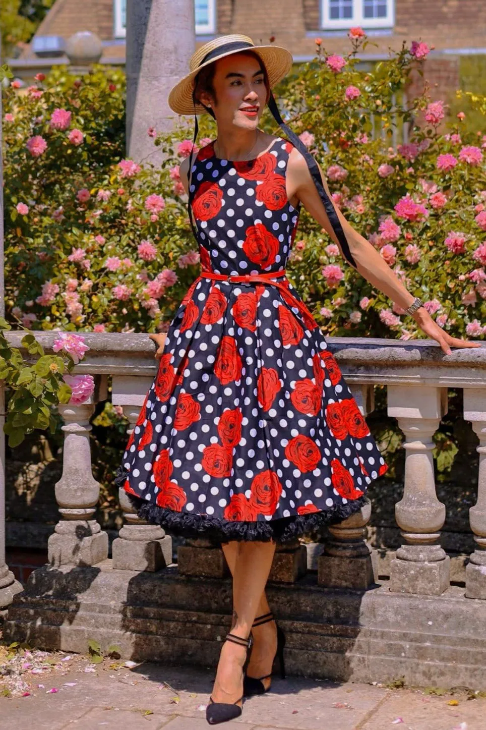 Annie Retro Swing Dress in Black/Red Rose Spot Print