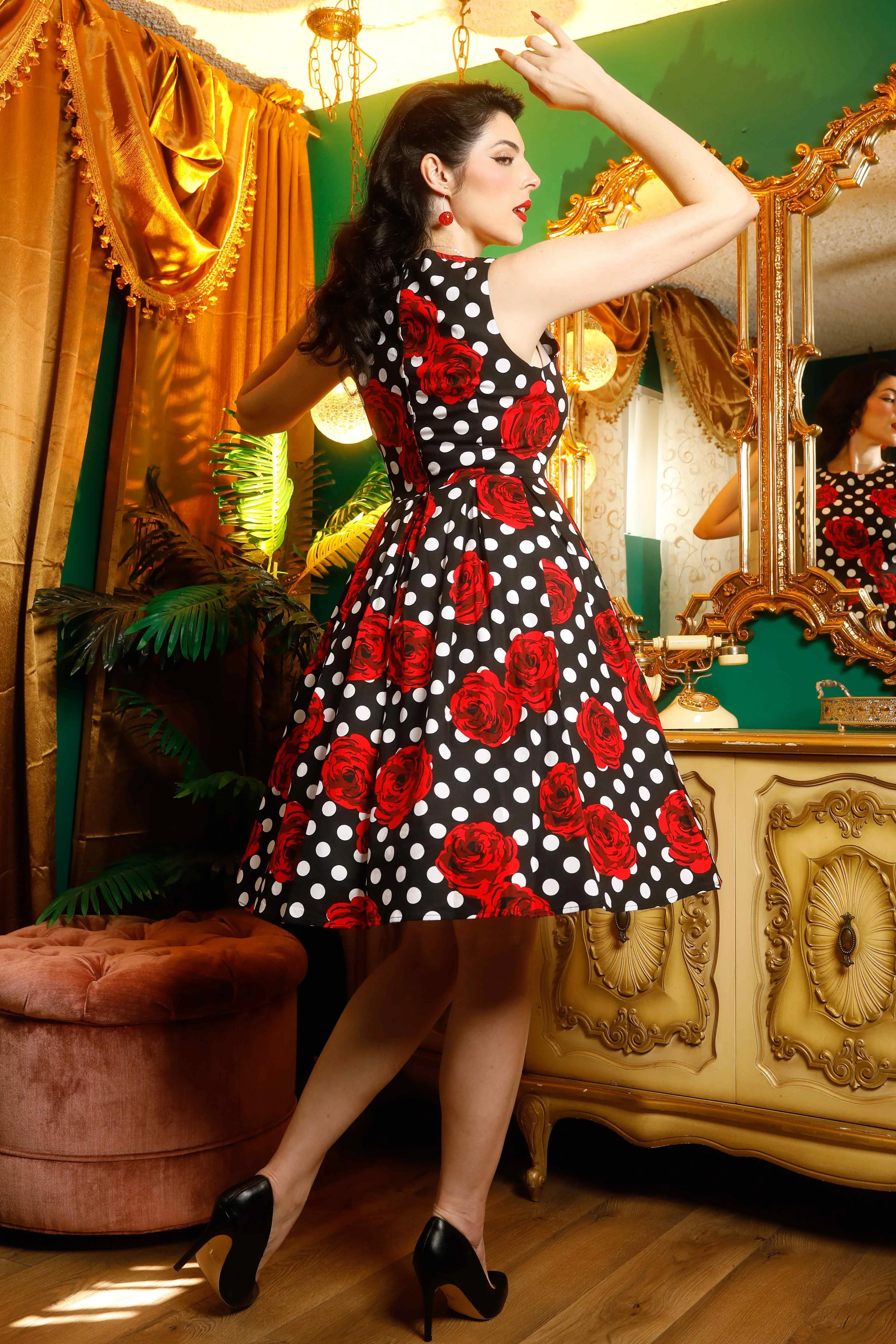 Annie Retro Swing Dress in Black/Red Rose Spot Print