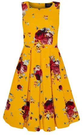 Annie Retro Swing Dress in Yellow/Red Rose Bunch Print