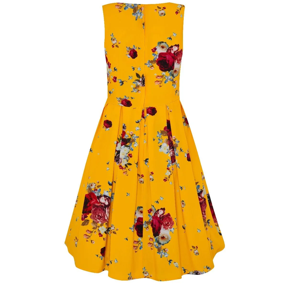 Annie Retro Swing Dress in Yellow/Red Rose Bunch Print