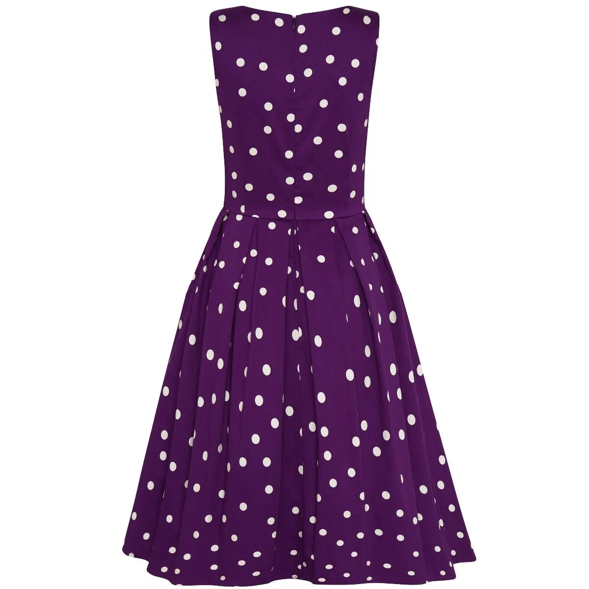 Annie Retro Vintage Inspired Purple & White Polka Dot Dress with Hidden Pockets