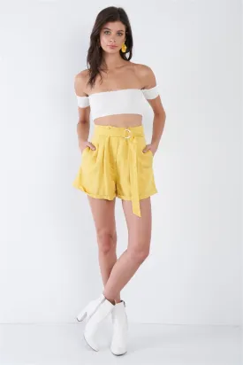 Banana Yellow High Waist Tie Sash Pleated Cuffed Hem Mini Shorts  /3-2-1