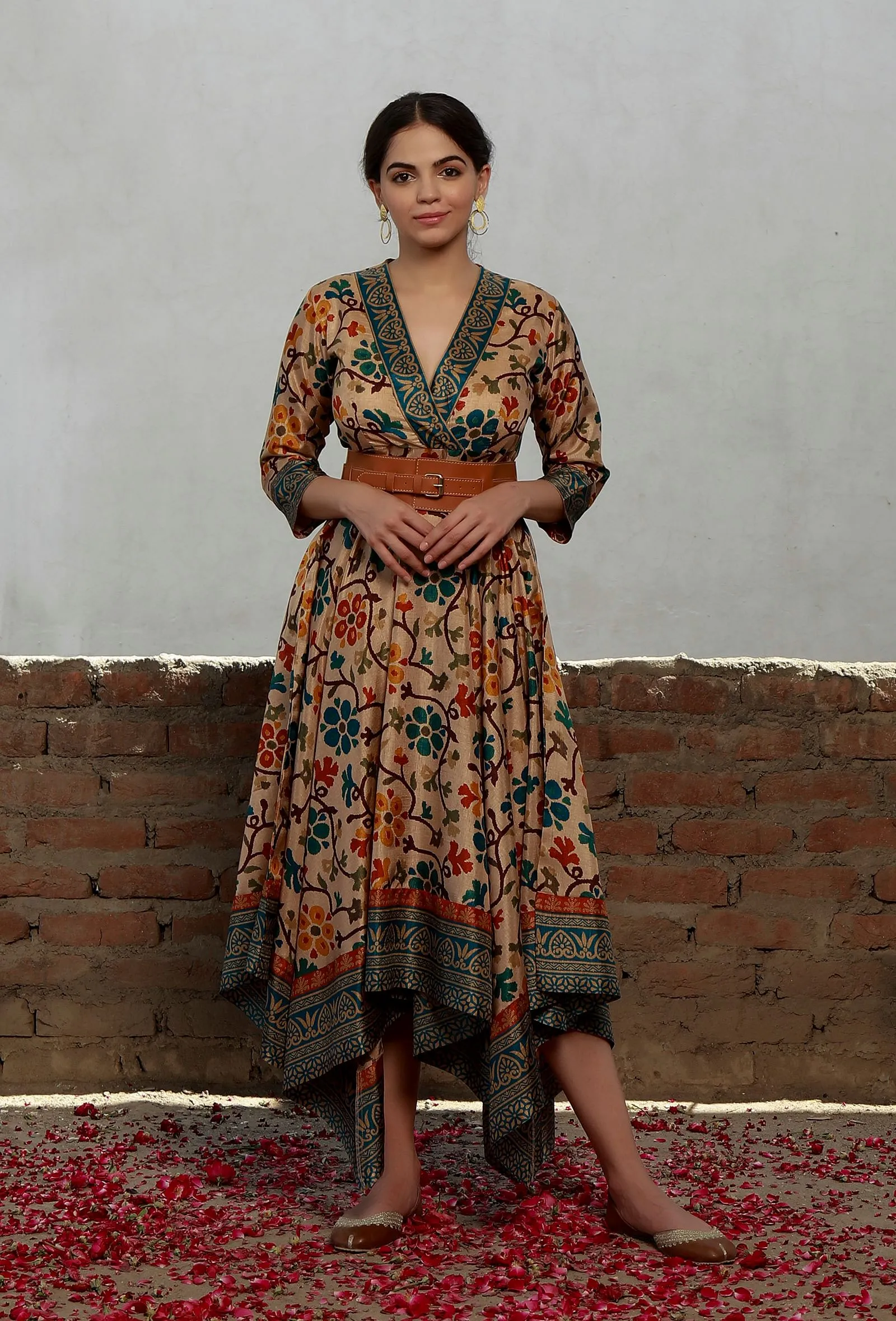 Beige Kalamkari Printed Cotton Silk Asymmetrical Dress