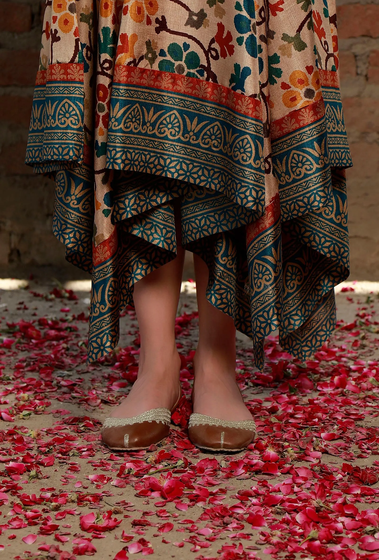 Beige Kalamkari Printed Cotton Silk Asymmetrical Dress