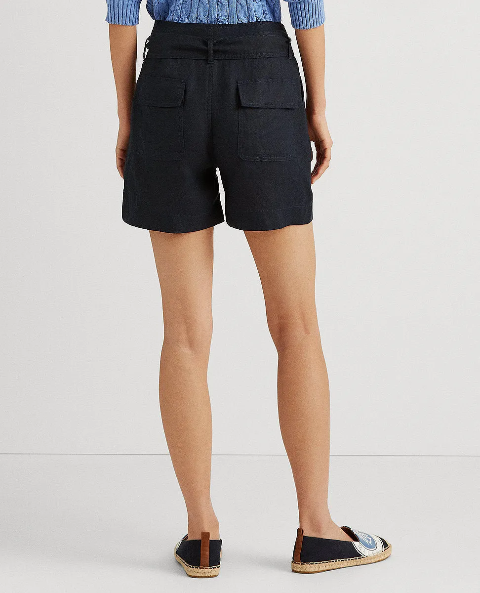 Belted Linen Short In Navy