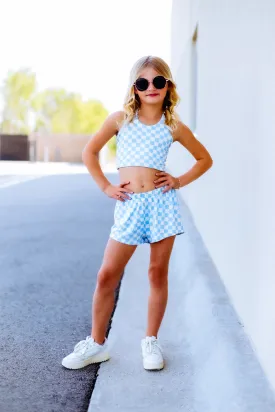 Blue Checkered Girls Halter and Short Set