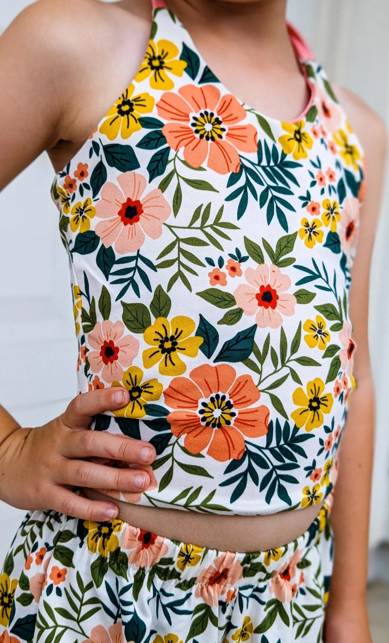 Coral Floral Girls Halter and Short Set