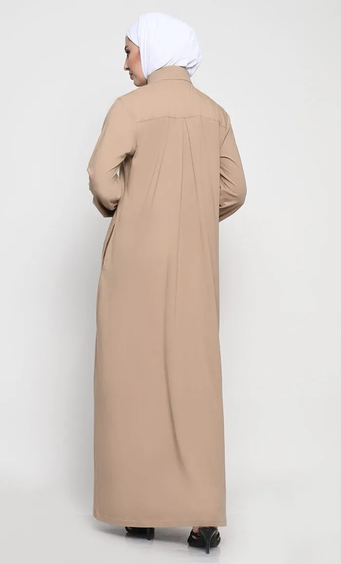 Cotton Jersey Abaya with Mandarin Collar and Full-Length Zipper