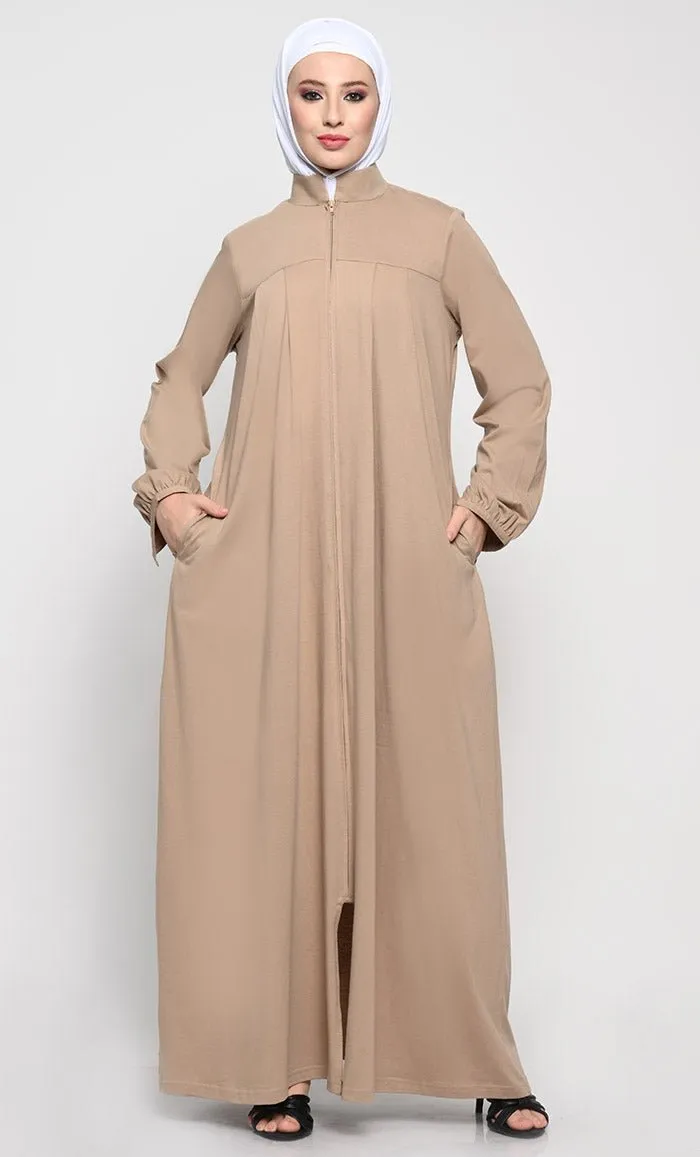 Cotton Jersey Abaya with Mandarin Collar and Full-Length Zipper