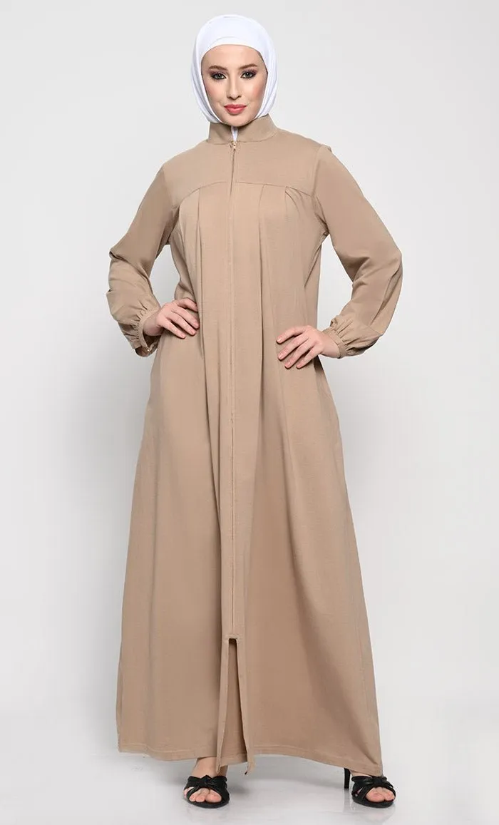 Cotton Jersey Abaya with Mandarin Collar and Full-Length Zipper