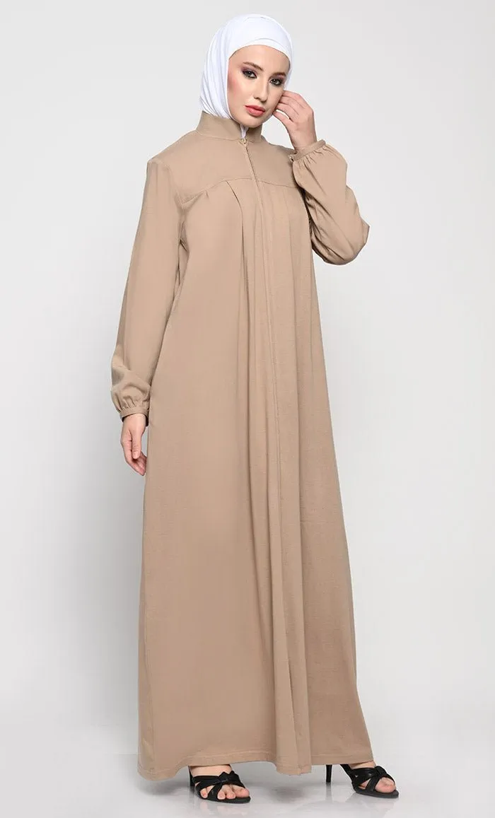 Cotton Jersey Abaya with Mandarin Collar and Full-Length Zipper