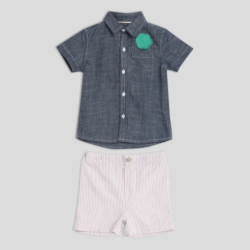 Cotton Shirt & Shorts Set for Kids | Happy Tree Printed | Blue