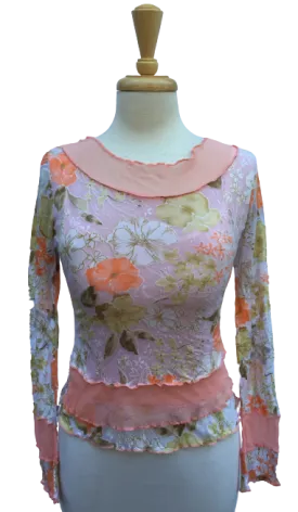 Crinkle 24 - Long-sleeve crinkle top with alternating sheer and floral print layers.  Made in France.