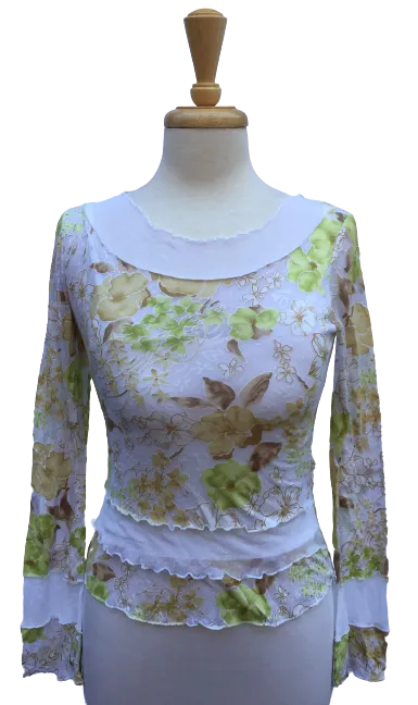 Crinkle 24 - Long-sleeve crinkle top with alternating sheer and floral print layers.  Made in France.