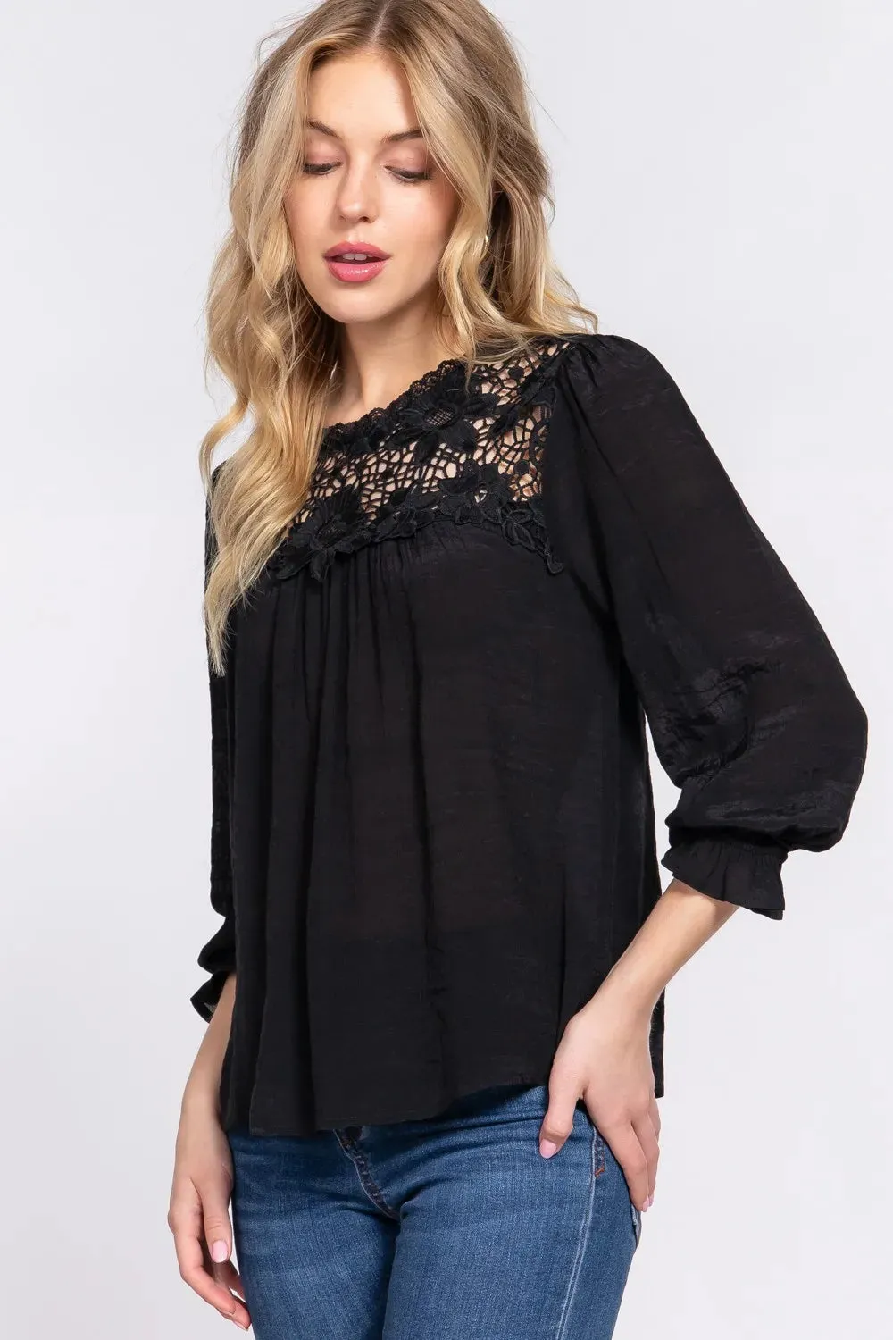 Crochet Lace Panel Flounce Sleeve Blouse