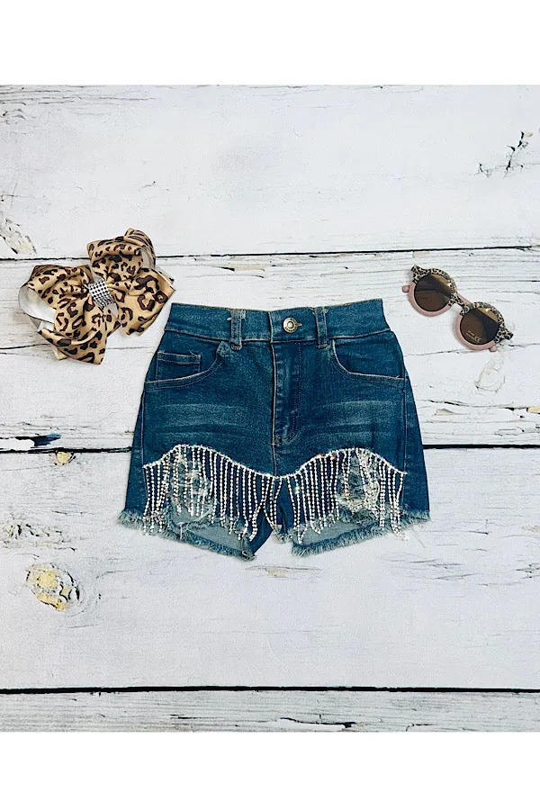 Dark wash denim girls shorts w/rhinestone tassels DLLH2393