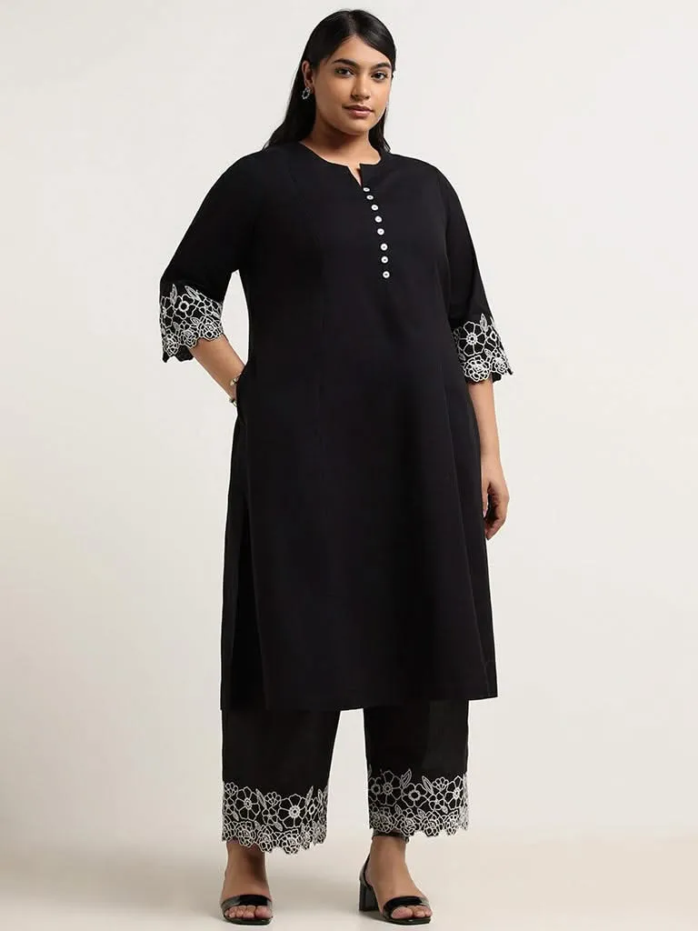 Diza Black Embroidered Cotton Palazzos