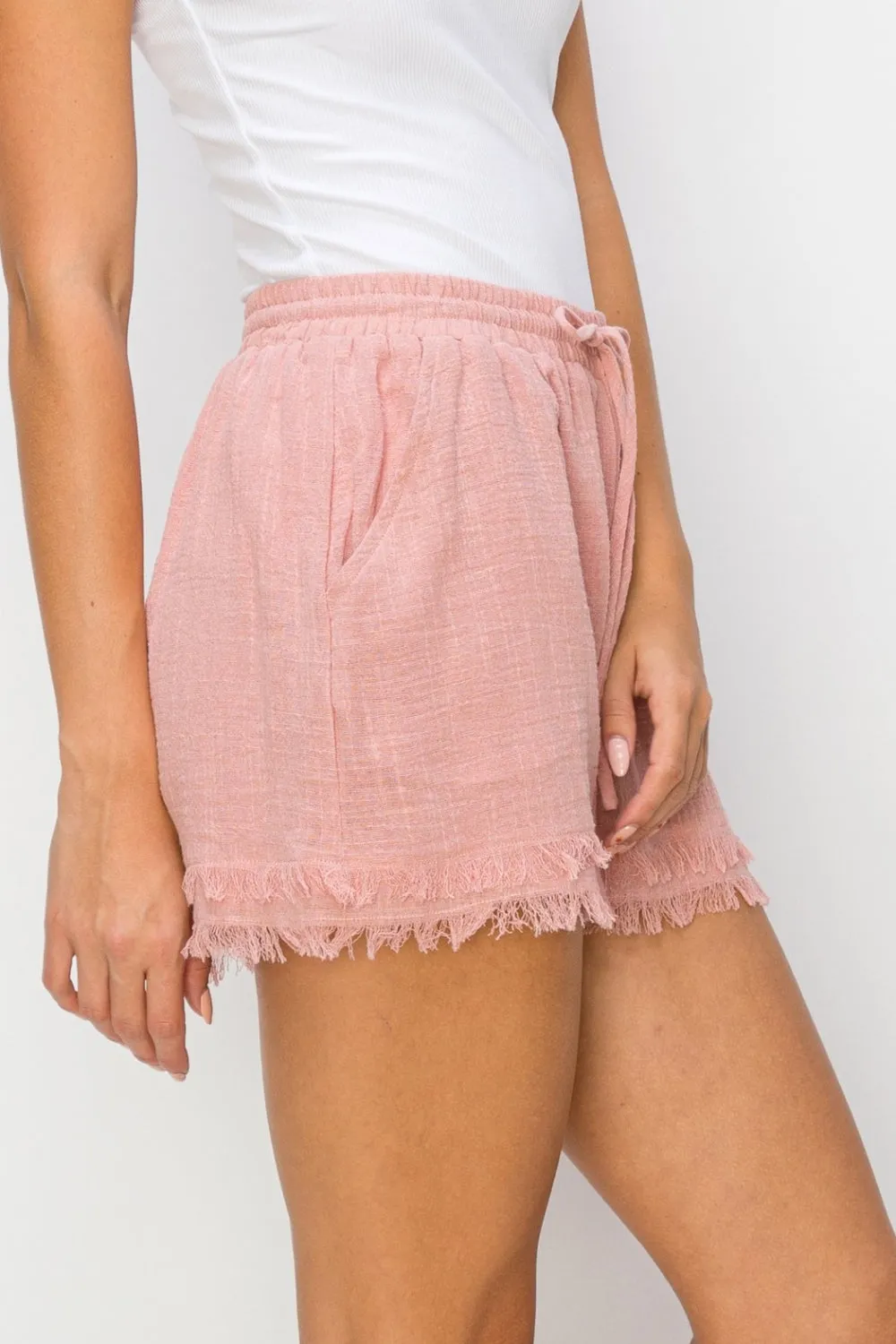 Drawstring Cotton Gauze Frayed Shorts