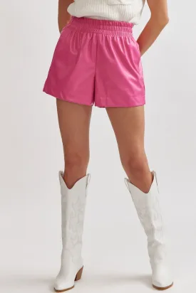 Elastic Waist Vegan Leather Shorts-Hot Pink