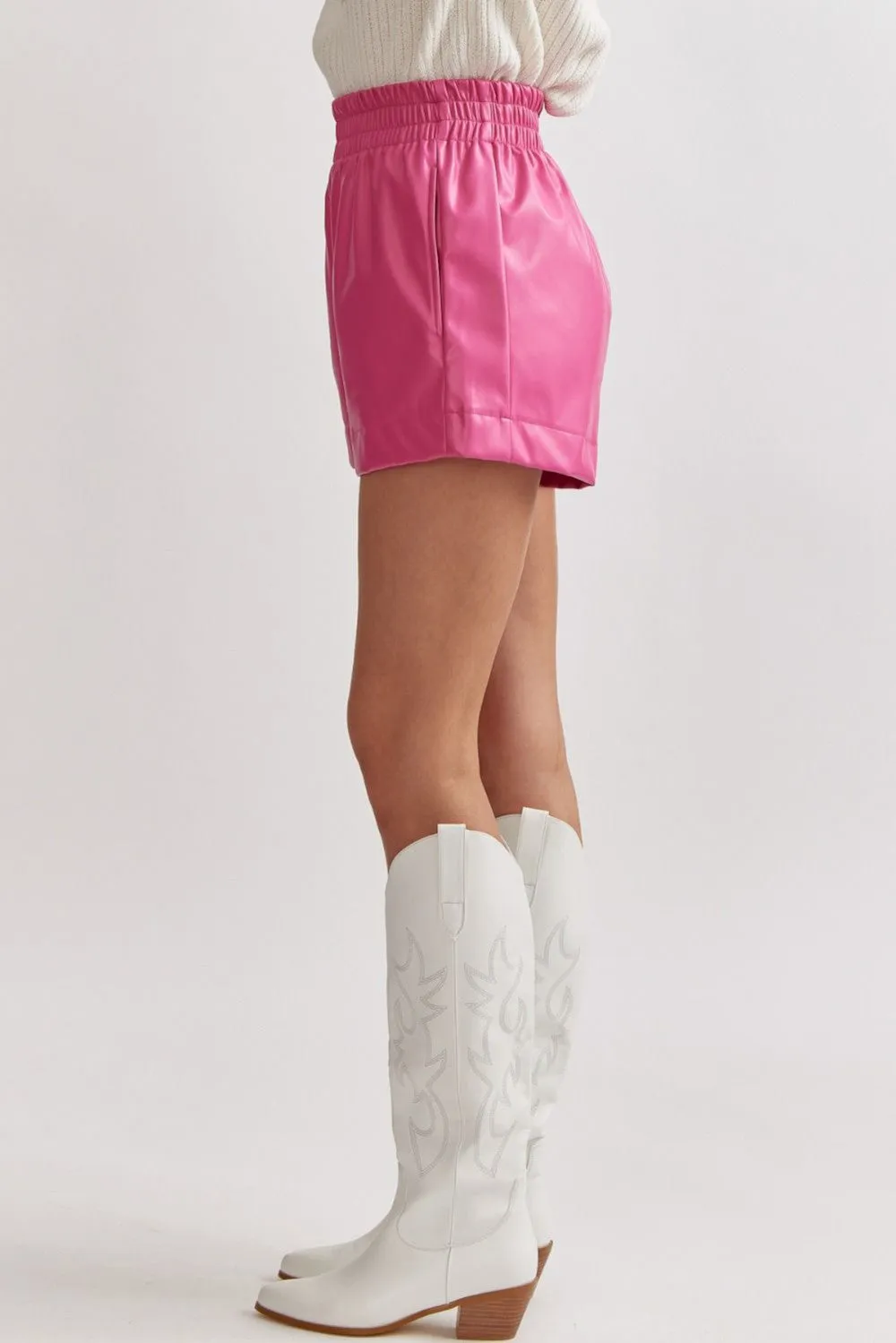 Elastic Waist Vegan Leather Shorts-Hot Pink