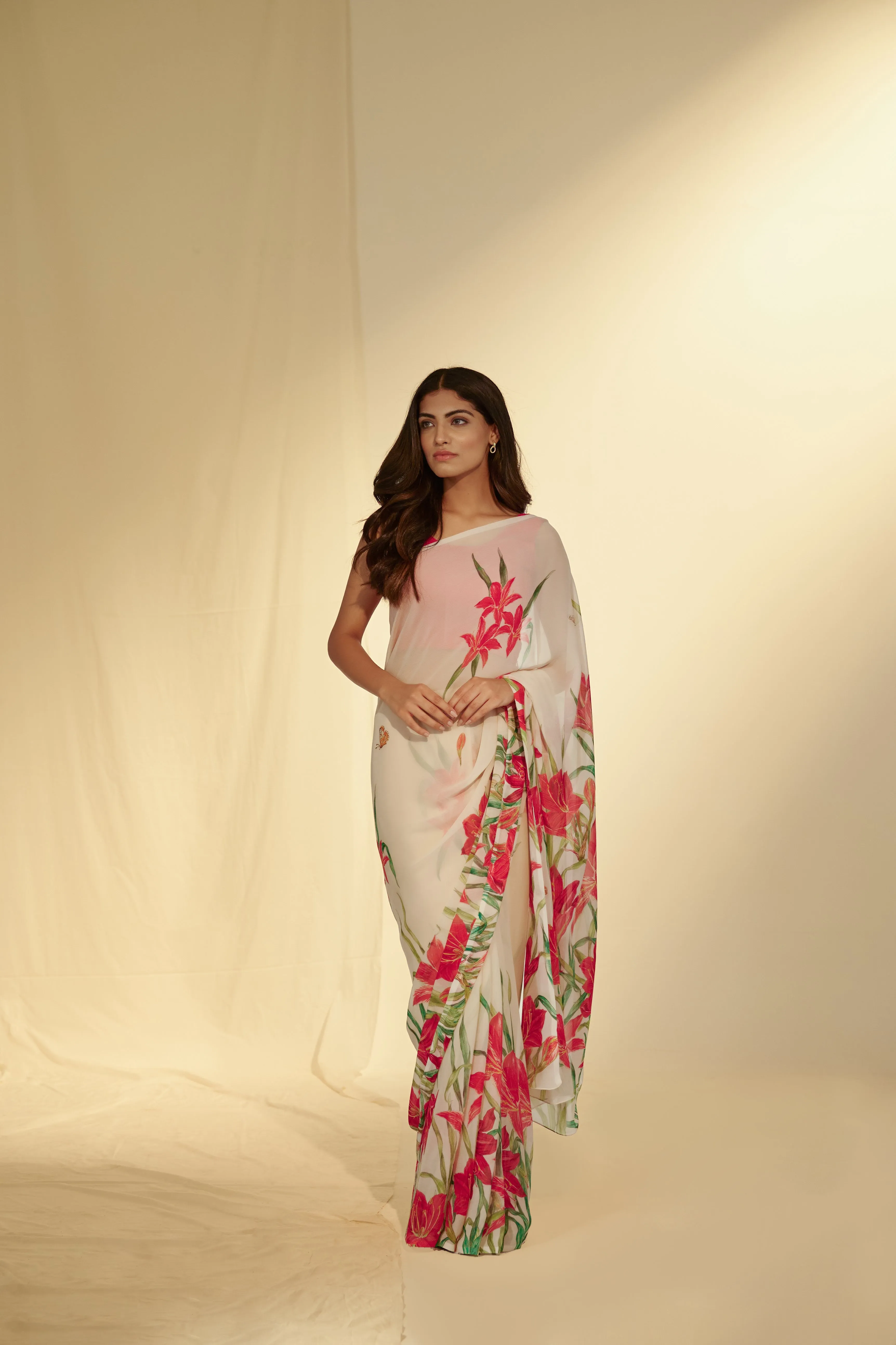 Enchanted Forest - Lilies & Butterflies Chiffon Saree