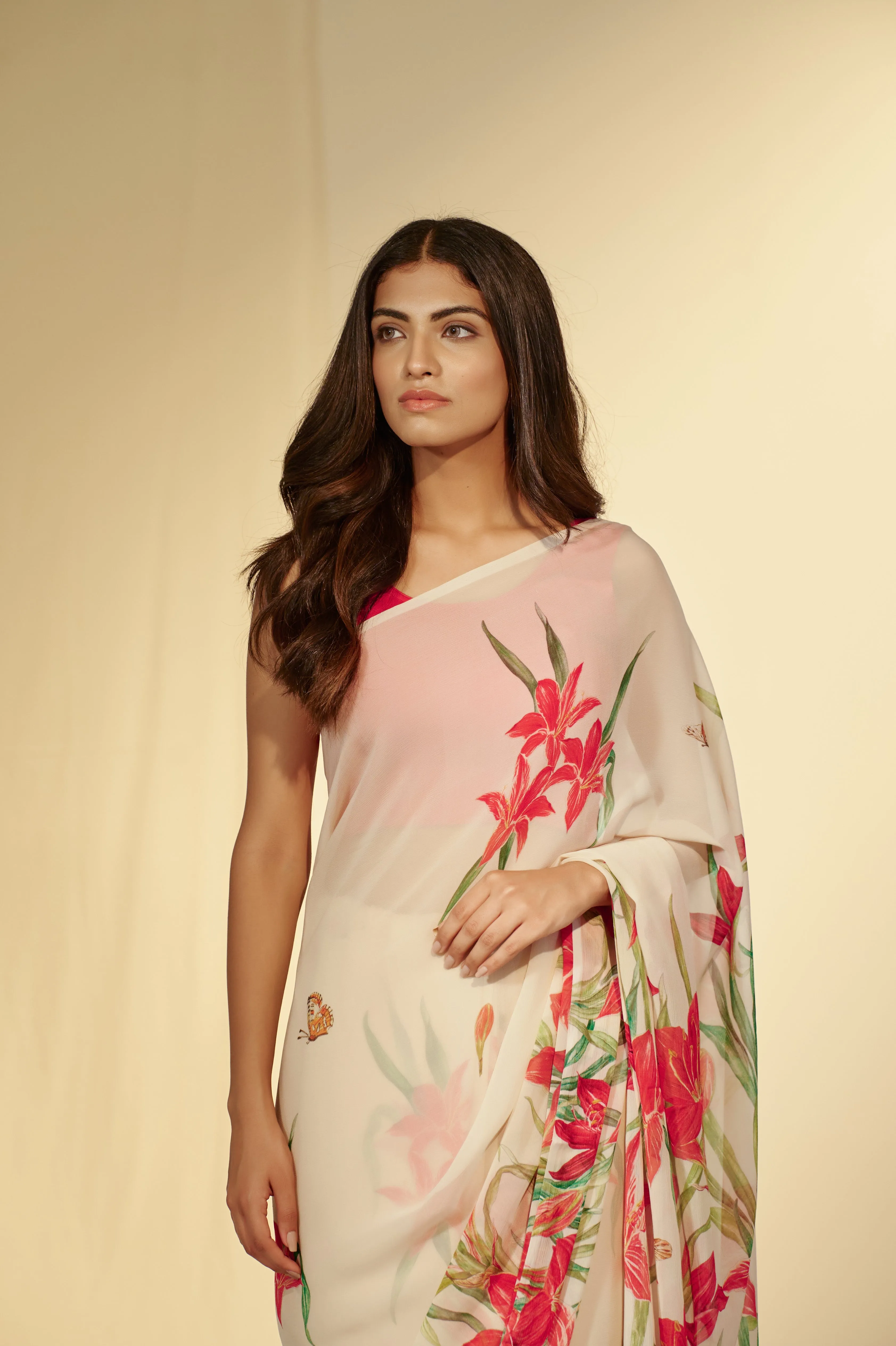 Enchanted Forest - Lilies & Butterflies Chiffon Saree