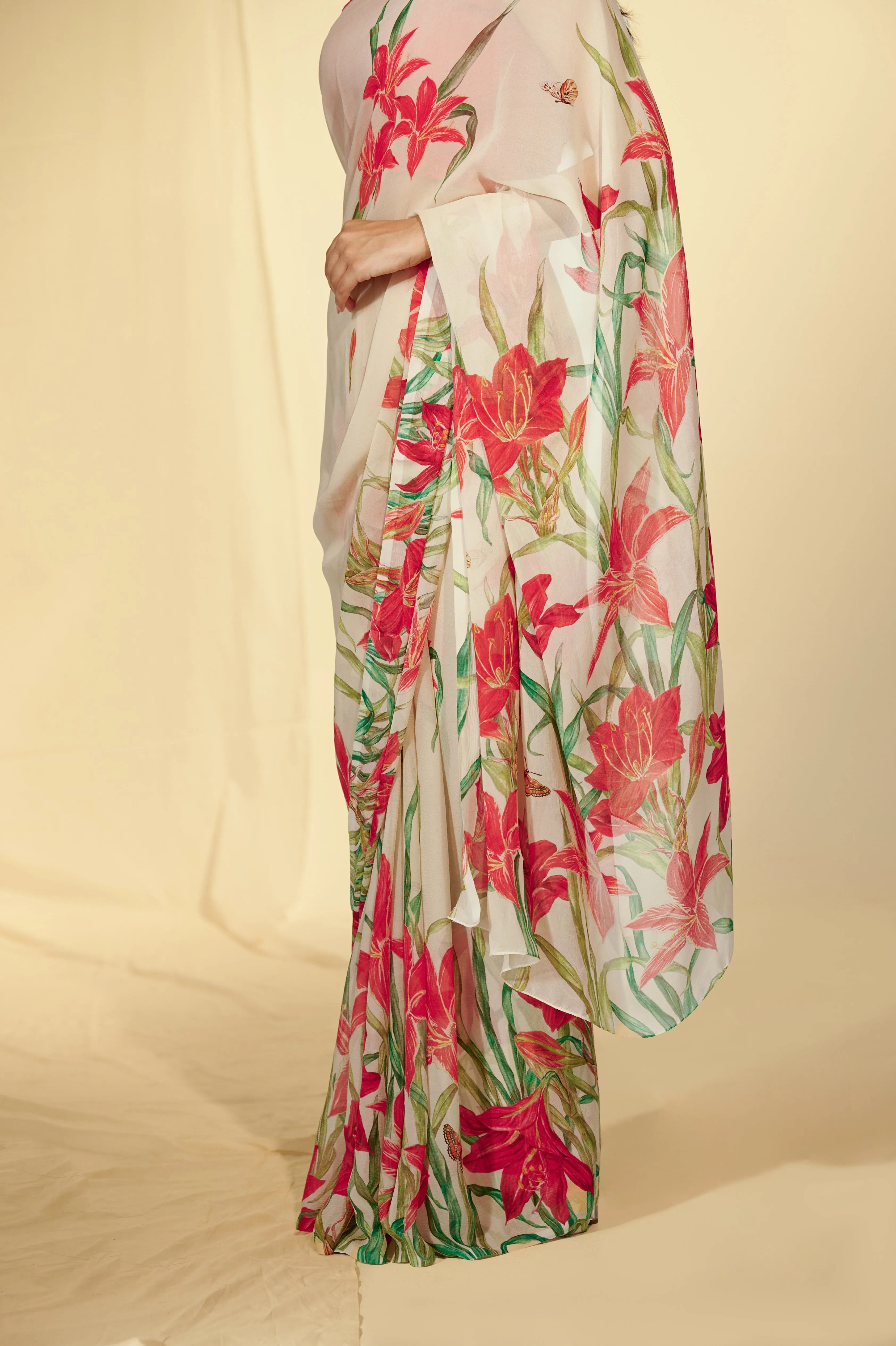 Enchanted Forest - Lilies & Butterflies Chiffon Saree