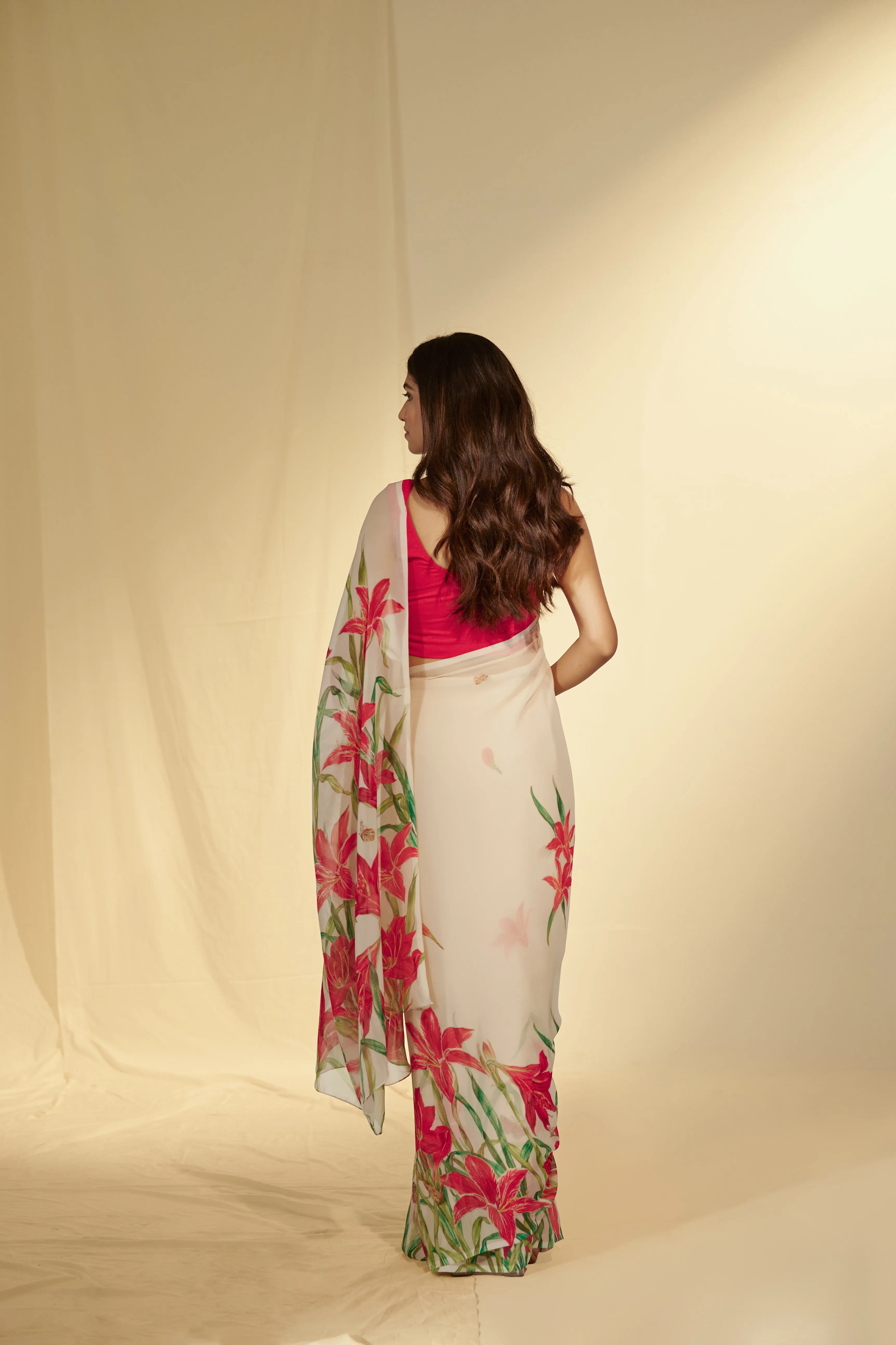 Enchanted Forest - Lilies & Butterflies Chiffon Saree