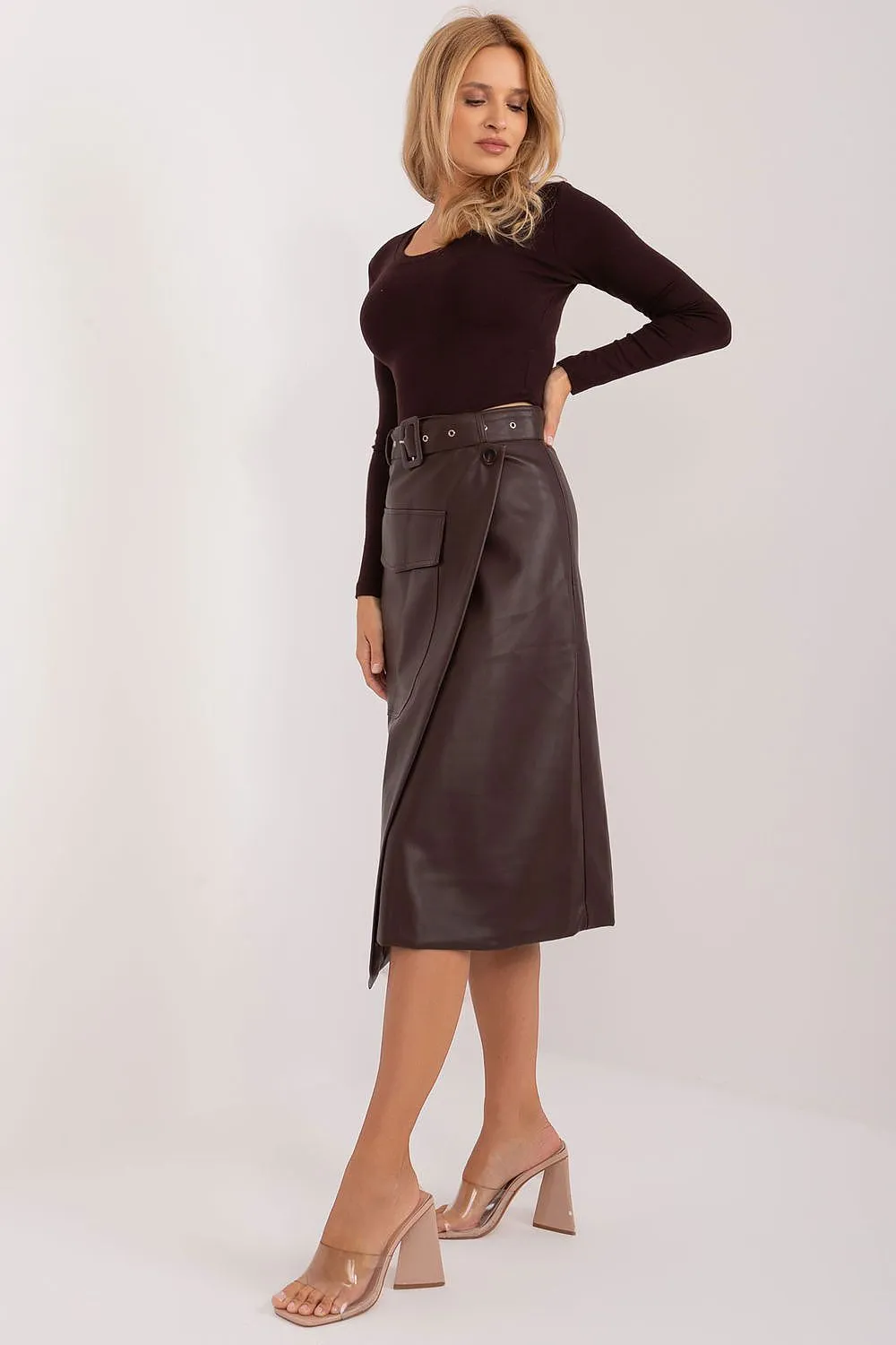 Factory Price Asymmetrical Faux Leather Belted Midi Skirt In Brown