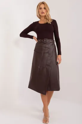 Factory Price Asymmetrical Faux Leather Belted Midi Skirt In Brown